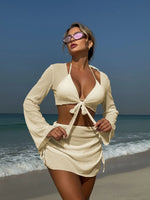 Summer 4 Piece Bikini Set 2025 Women Sexy Black Long Sleeve Cover Up and Skirt Swimsuit Beach Bathing Suit Holiday Swimwear