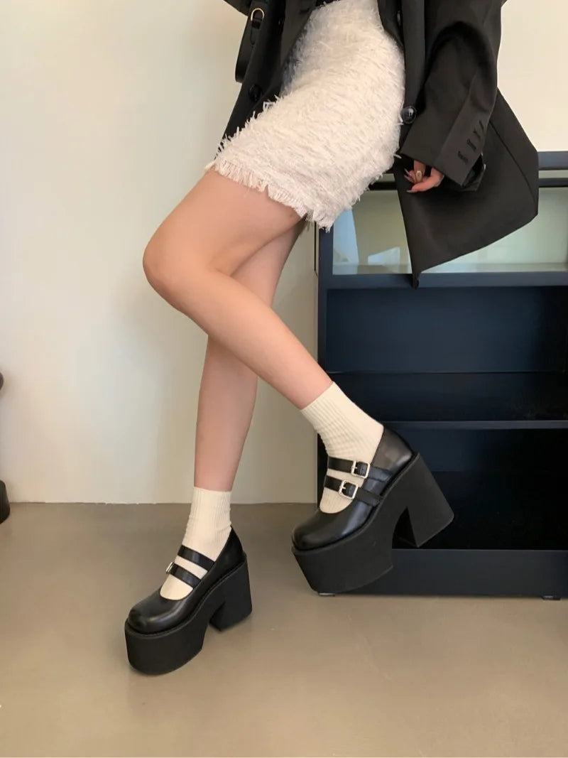 Women Lolita High Heels Chunky Platform Buckle Strap Mary Jane Shoes 11CM Super High Heel Pumps Woman Cosplay Goth Punk Shoes