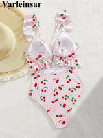 S - XL Cherry Printed Plaid Cut Out One Piece Swimsuit Women Swimwear Female Frilled High Leg Cut Bather Bathing Suit Swim V7557