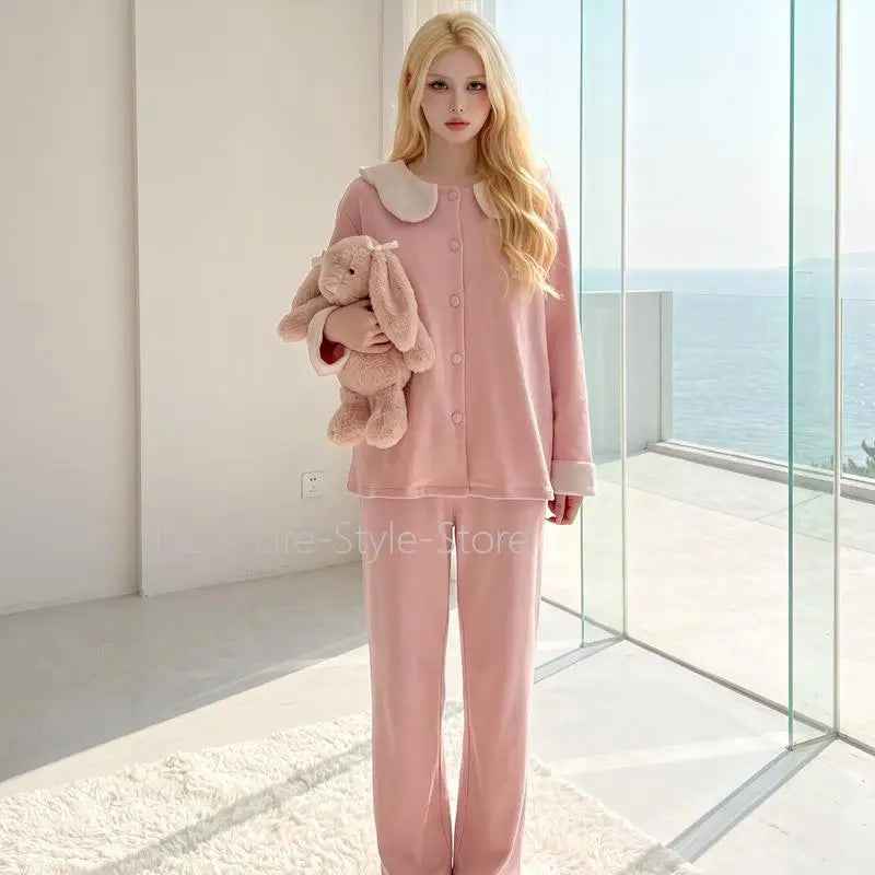 Autumn Winter Women Sleepwear, Solid Color Dralon Pajama Set, Soft Warm Doll Collar Long Sleeve & Long Pants Home Loungewear