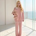 Autumn Winter Women Sleepwear, Solid Color Dralon Pajama Set, Soft Warm Doll Collar Long Sleeve & Long Pants Home Loungewear