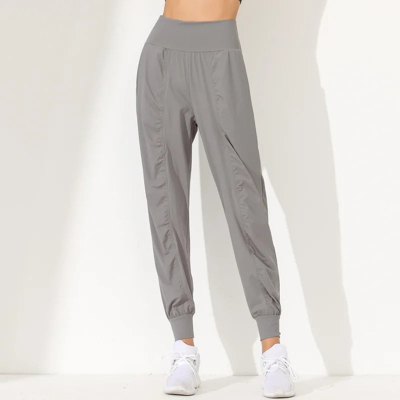 Hearuisavy Yoga Pants Loose Slim Quick-Dry Yoga Pants Pleated Hem Bound Running Fitness Capris Pockets Jogging Pants Woman
