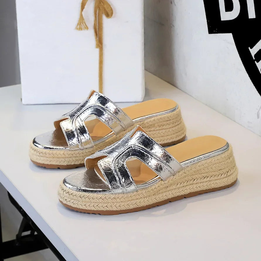 Spring 2025 Women's Slippers Hollow Out Strap Waterproof Thick Heel Woven Rope Country Style Slip-On Shoes Polyurethane Material