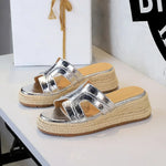 Spring 2025 Women's Slippers Hollow Out Strap Waterproof Thick Heel Woven Rope Country Style Slip-On Shoes Polyurethane Material