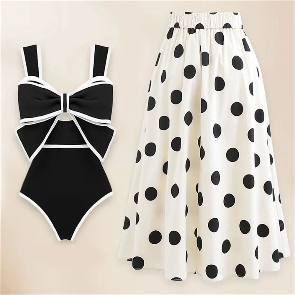 2 Pieces Retro Printed Swimsuit With Cover Up Sexy Women Swimwear 2025 V Neck Bikinis Female Biquini 3XL Bodysuit Beachwear