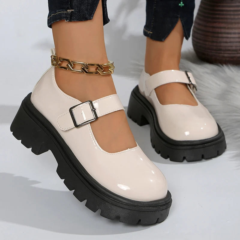 Patent Leather Thick Sole Mary Jane Shoes Women 2025 Ankle Buckle Platform Pumps Woman Round Toe High Heel Lolita Shoes Female
