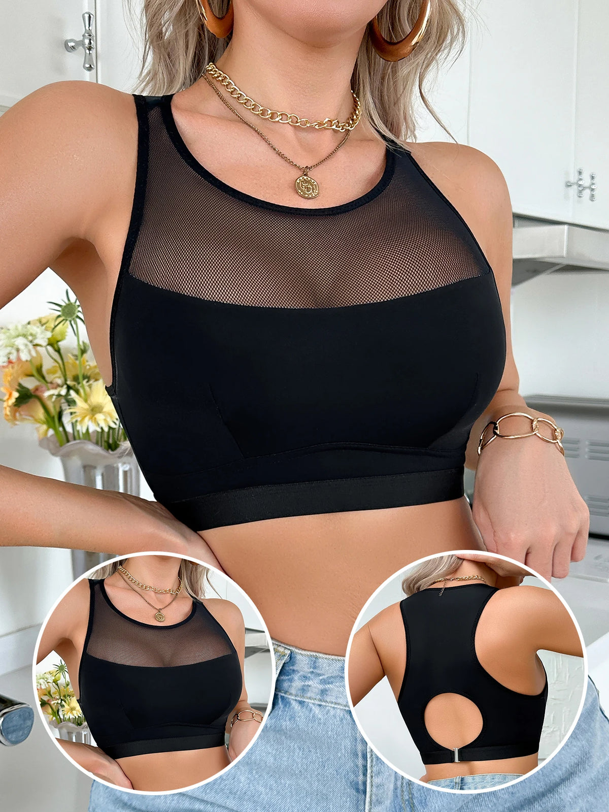 Women's Sexy Bras Breathable Mesh Seamless Yoga Sports Camisole Wireless Single-Layer Bra