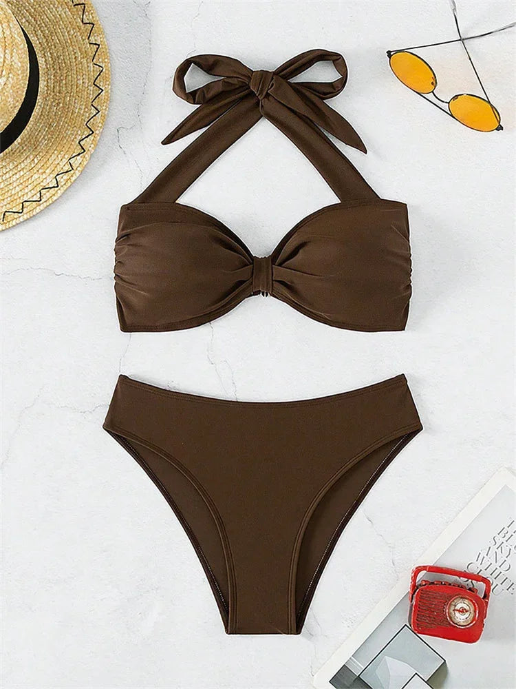 Sexy Front Tie Bikini Set Women Brown Halter Push Up Padded Micro Swimsuit 2025 Summer Bathing Suit High Waist Swimwear Biquini