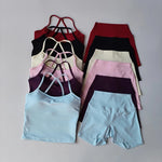 Women's Slim Shoulder Yoga Vest High Waisted Waist Hugging Naked Yoga Three Part Shorts Exercise Set Popular Fitness Clothing