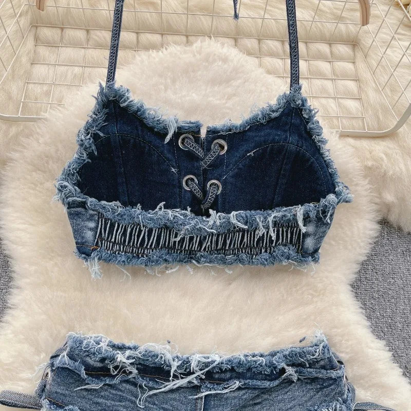 Bathing Suit Women Sexy Denim Suits Bikini Set Lace Up Drawstring Beachwear 2025 Solid Summer Vintage Two-pieces Swimwear