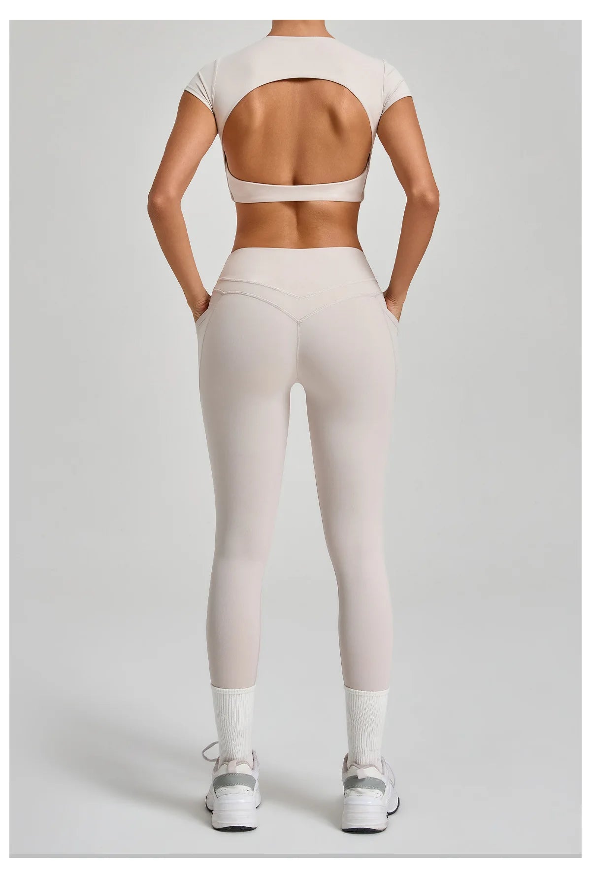 Yoga Set Women's Tracksuit Short Sleeve Back Hollow Out Sports Top Athletic Wear Tight High Waist Pocket Leggings Fitness Suits