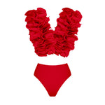 2025 Solid Red Flower Bikini Swimsuit Luxury Women Swimwear Sexy Swim Suit Deep V Monokini Off Shoulder Bodysuit Bathingsuit