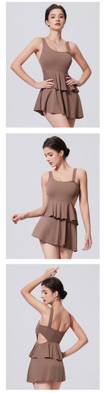 Naked Women's Tennis Dresses Sleeveless Short Cake Skirt Hollow Out Backless Gym Running Trainning Slim One Piece Sports Suit