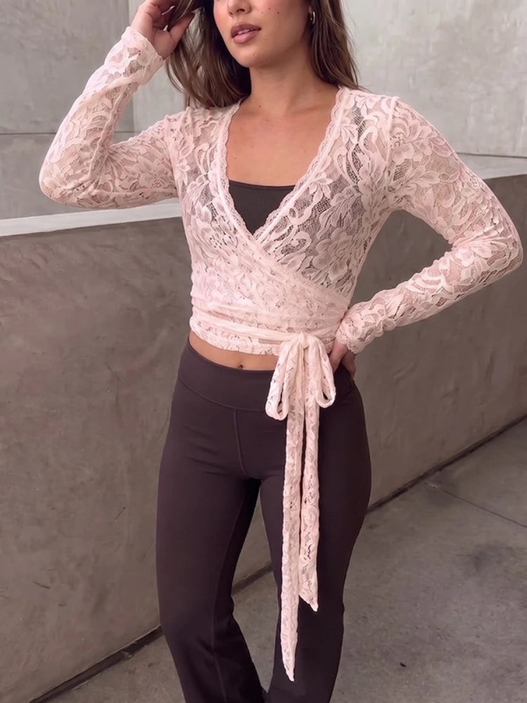 FDYOUI Women's V-neck Long Sleeve Lace T-shirt 2026 Ladies Chic Bandage Lace Tee Shirts Pink Streetwear Girls Slim Crop Tops
