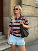 Foridol Burgundy Striped Casual Women T-shirt Summer Loose Polo Shirts Buttons New Female Tops Blouse White Tops Spring Shirt