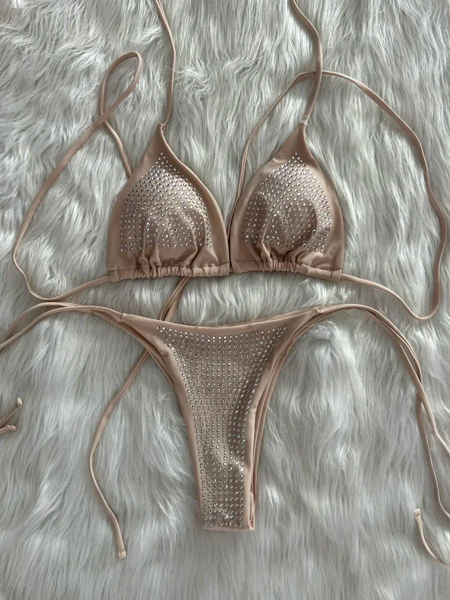 Shiny Sequins Wrap Around Jewelled Bikini Women Swimwear Female Swimsuit Two-pieces Bikini Set Halter Bathing Suit Swim Trend