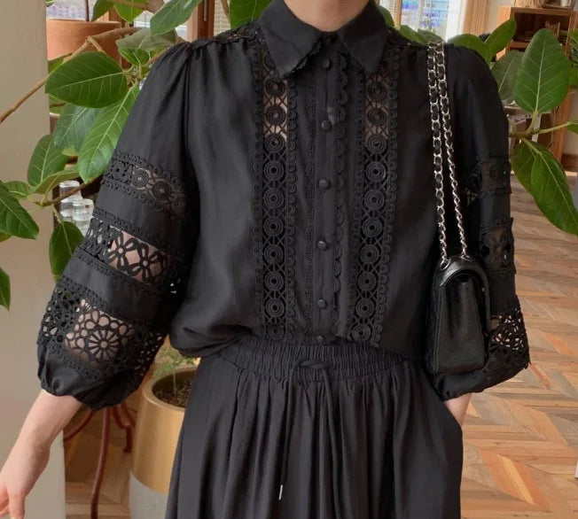 2026 French Retro Heavy Shirt Skirt Hollow Lace Balloon Sleeve Shirt + High Waist Belted Skirt Fashion Suit for Women