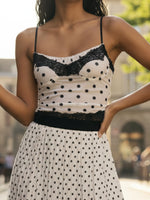 Women Fashion Dot Print Lace Patchwork Crop Tops Summer Slim Camisole Spaghetti Strap Mesh Tank Tops Streetwear