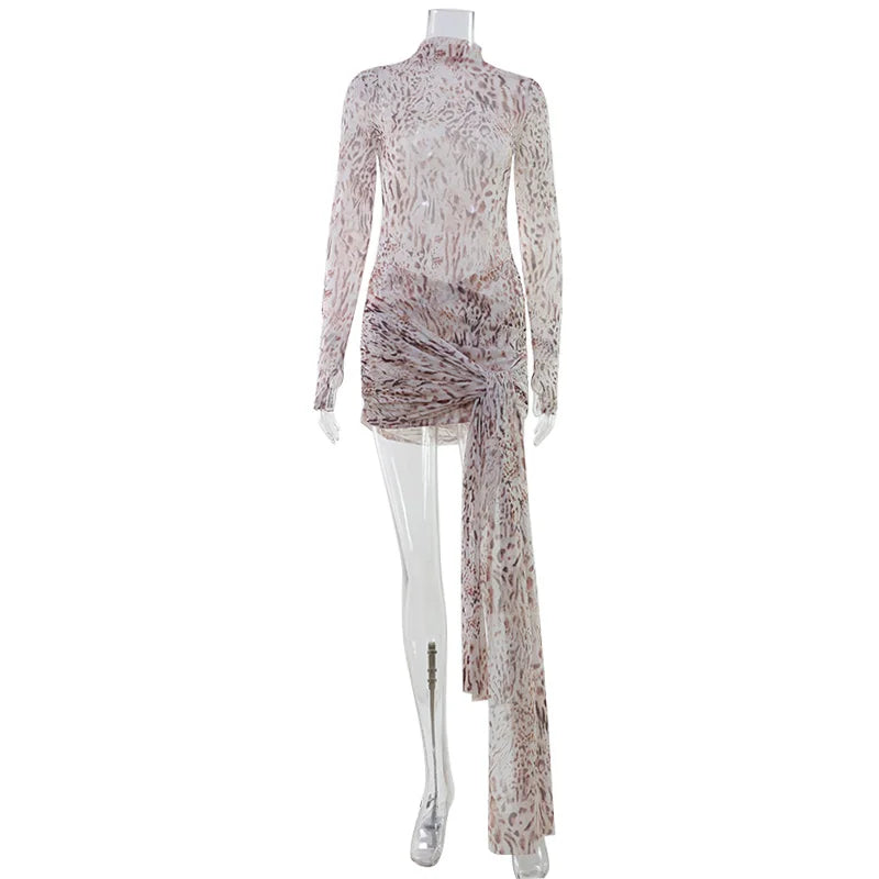 Ahagaga Sexy Sheer Women'Mini Dresses Turtleneck Print Regular Long Sleeves Ribbon Sheath Bodycon Casual Streetwear Female Robe