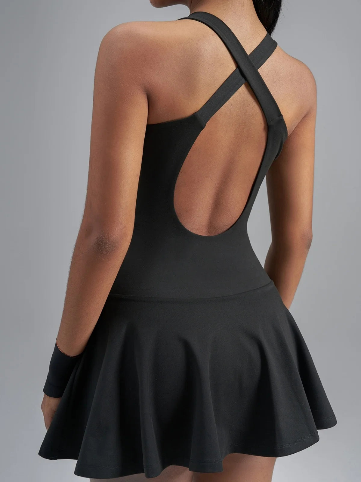 Women's Color Blocked Tennis Dresses Women Hollow Back Cross One Piece Sports Suits Built in Shorts with Pocket Yoga Golf Skirt