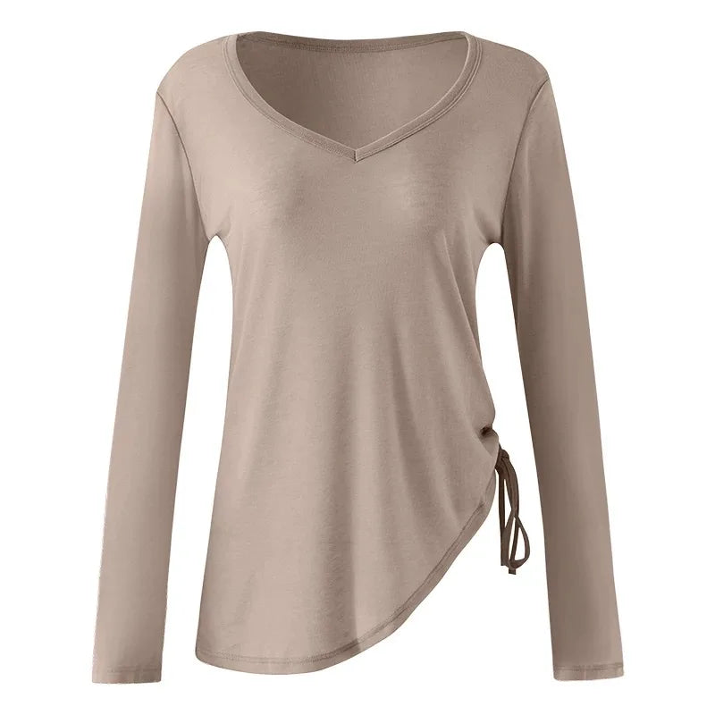 Women's Yoga Sports T-Shirt Drawstring Light Thin Loose Fit Irregular Hem Long Sleeve Fitness Cover Shirt