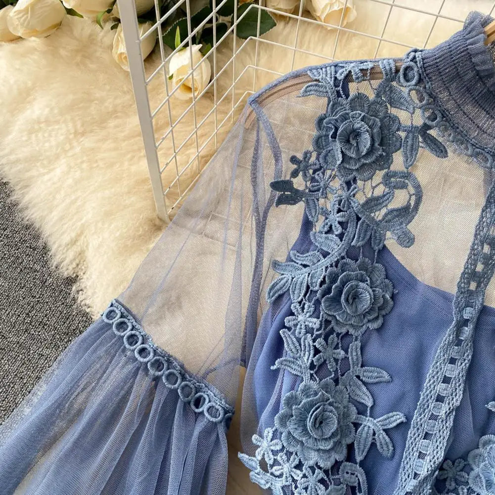 2 Pcs/Set Women Dress Suit Floral Embroidery See-through Lace Lantern Sleeves Pleated A-line Elastic Waist Dress Slip Dress Suit