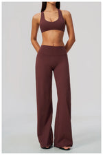 Summer 2 Piece Yoga Sets Women Tight Back Cross Sports Bra High Waist Peach Hip Wide Leg Pants Gym Running Fitness Workout Suits