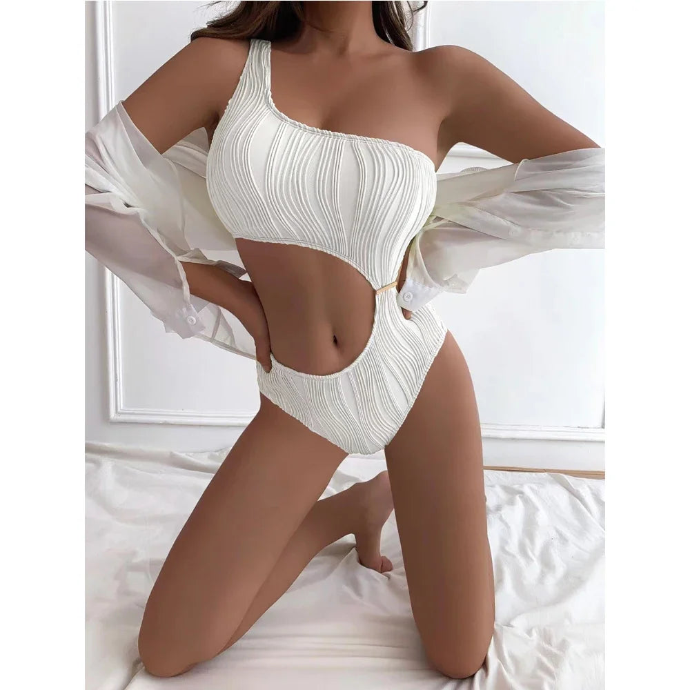 2026 Solid White One Piece Swimsuit Women Sexy Irregular Hollow Out Bikini One Shoulder Backless Monokini Summer Beach Swimwear