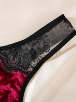 Limited edition retro Hong Kong style red and black velvet lingerie set - see-through lace trimmed bra+thong underwear ZA825166