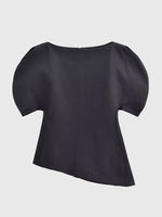 Women's Fashion Casual Short Sleeve Top Women Solid Black Boat Neck Puff Sleeve Hem Top Slim Fit Casual Blouse For Party 0PX4