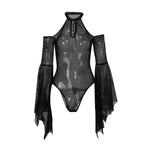 Women Mesh Sheer Bodysuits Flare Long Sleeve Cold Shoulder Spider Web Bodycon Body Tops Halloween Party Gothic Clubwear