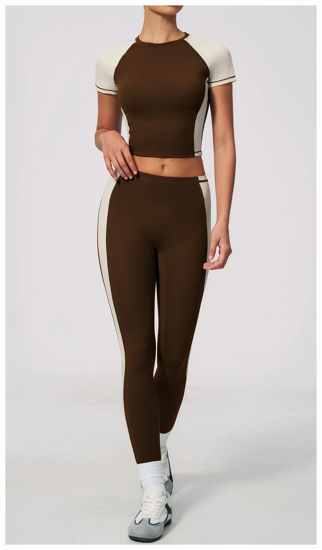 Nake Yoga Set Women's Tracksuit Color Contrast Short Sleeve Slim Sports T Shirts High Waist Leggings Fitness Clothes Gym Outfits