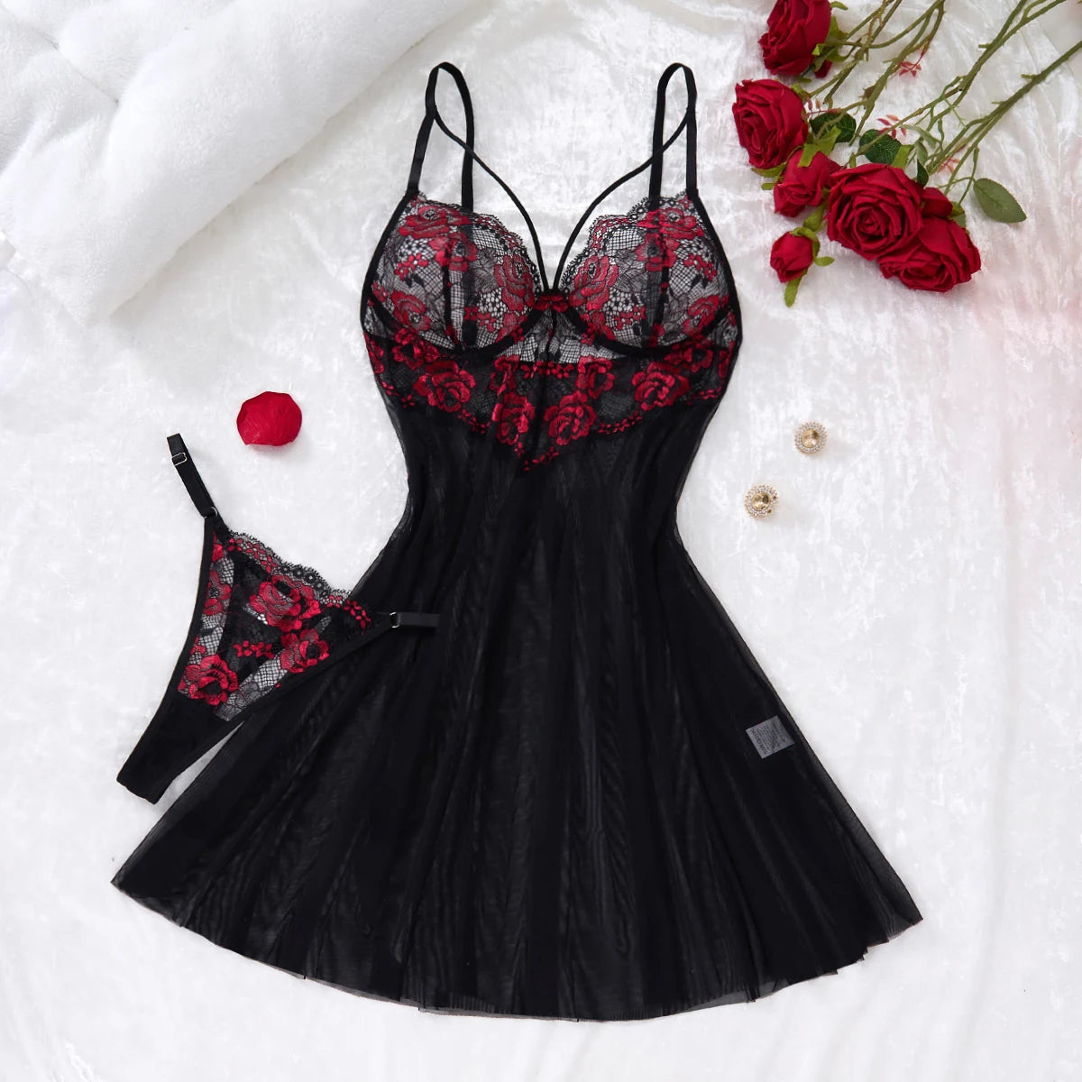 Lady's Sexy Lace Black Strapless Nightgown, Transparent Lace Nightgown, Floral Pattern with Strapless Transparent ZA825133