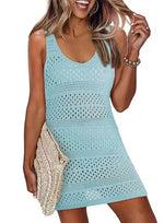 Summer Vest Beach Dresses Women Solid Color Hollow Out Knitted Beachwear Fashion Casual Lady Vacation Mini Dress Female 2025 New