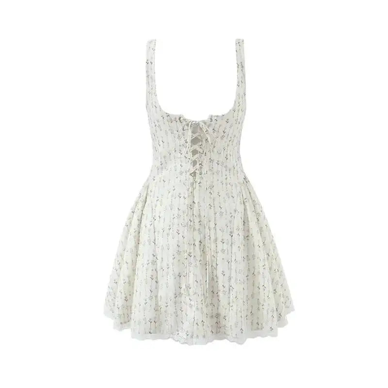 Vietnamese Sweet Lace Trimmed Camisole Dress For Women With Cross-back Cutout Waist-cinching Floral Print Puffy Short Skirt 24AK