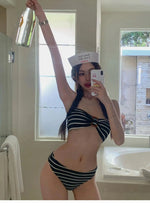 Elegant Black White Stripe Three Piece Swimsuit Set with Halter Buckle Top Wrap Skirt Modest Swimwear for Beach Pool Vacation