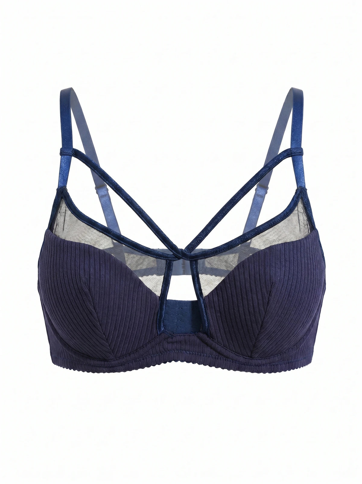 Women Blue Bra Retro Bralette With Mesh Panel Sexy Cross Strap Push Up Lace Underwear MR3585