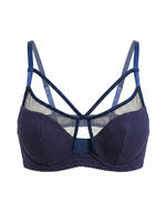 Women Blue Bra Retro Bralette With Mesh Panel Sexy Cross Strap Push Up Lace Underwear MR3585