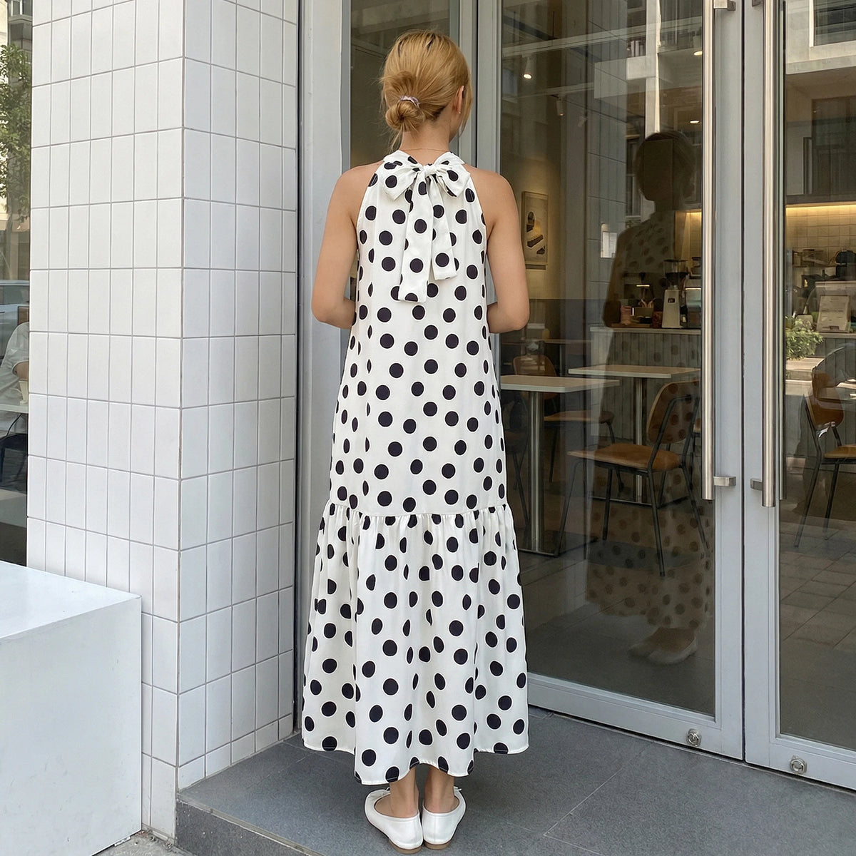 Womens Summer Halter Neck Dress Casual Loose Fit Stylish Dot Print Sleeveless Long Dresses
