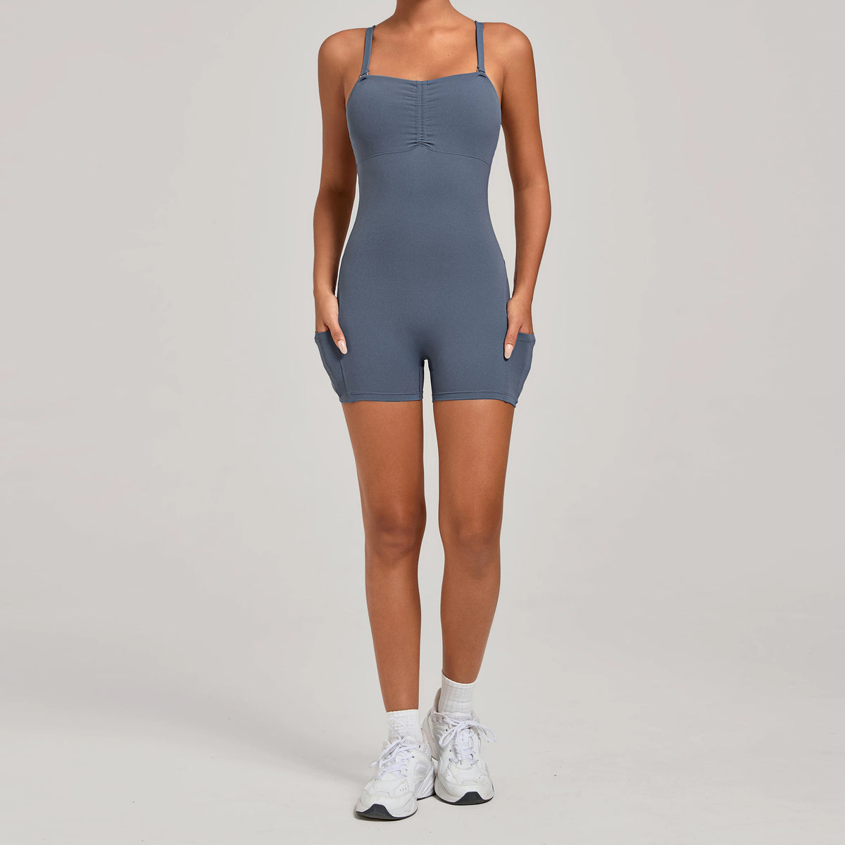 Womens Two Way Wear Bodysuit Sleeveless Yoga Stretch One Piece Romper Sexy Fitness Side Pockets Sportwears Bodysuit