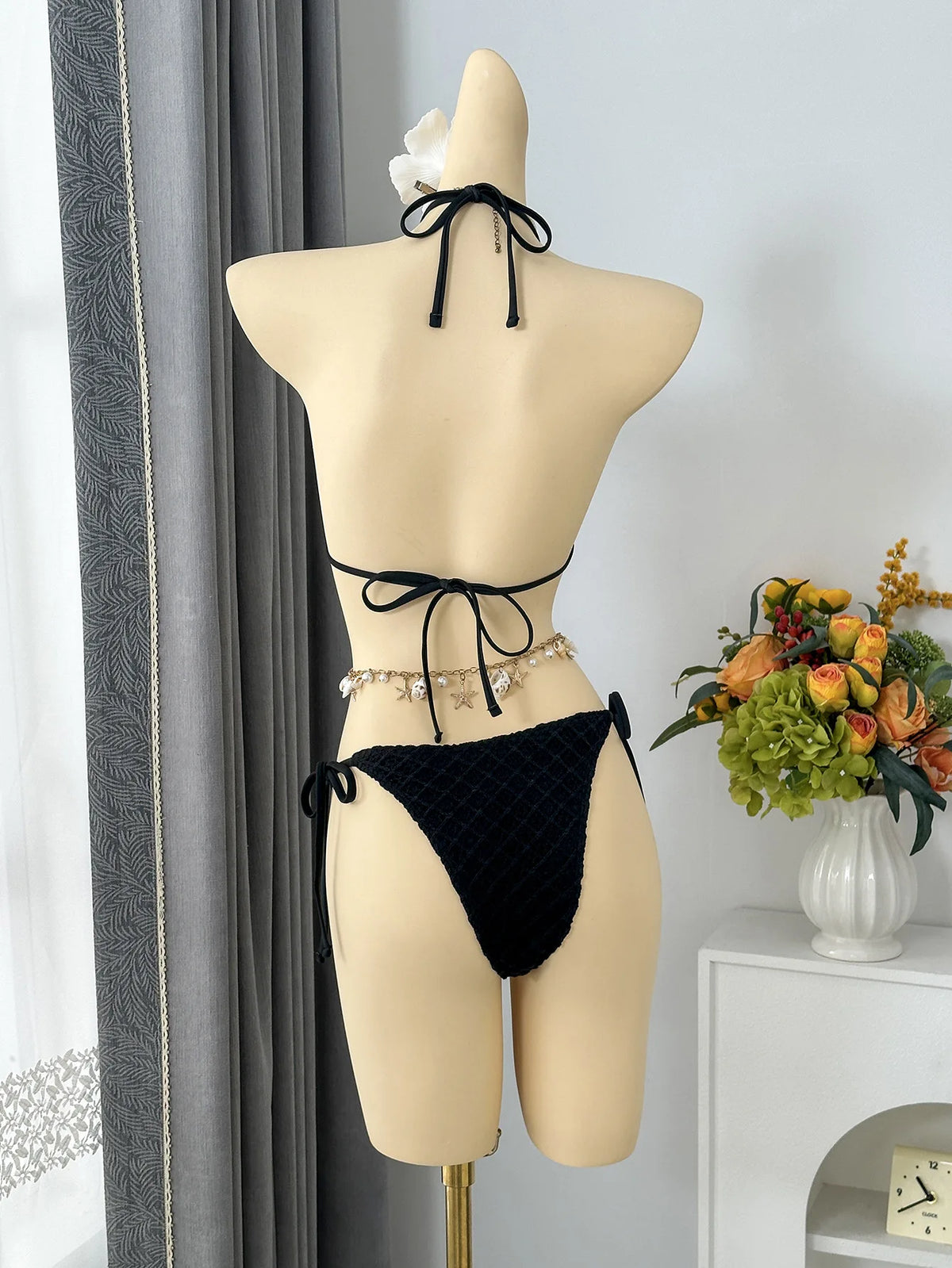 Sexy Mesh Cover Up 3 Piece Bikinis Sets 2026 Women Black Metal Chain Strap Push Up Thong Swimsuit Holiday Bathing Suit Swimwear