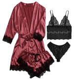 4pcs Women Striped Lingerie Set Lace Trim Robe Camisole Shorts Panties Nightwear Sleepwear Homewear Sexy Pajamas Outfit