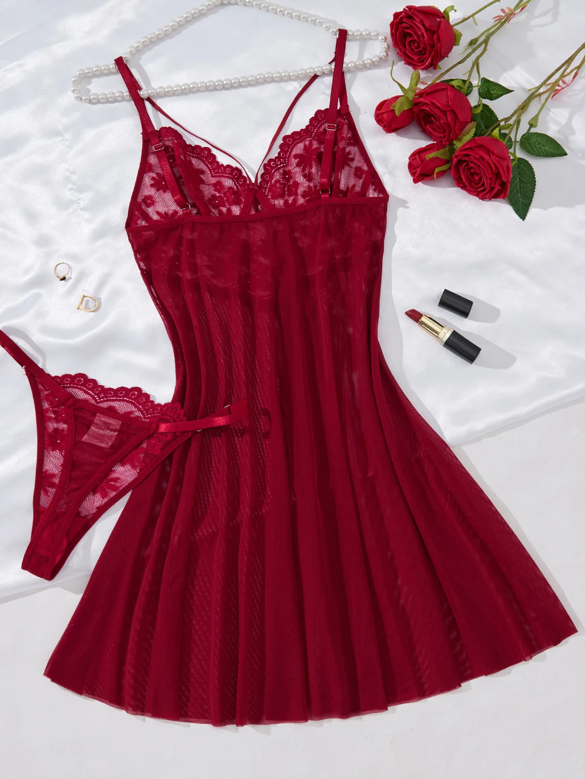 Deep V netted embroidered nightgown and thong set. Red lace strapless sexy women's homewear. ZA825096