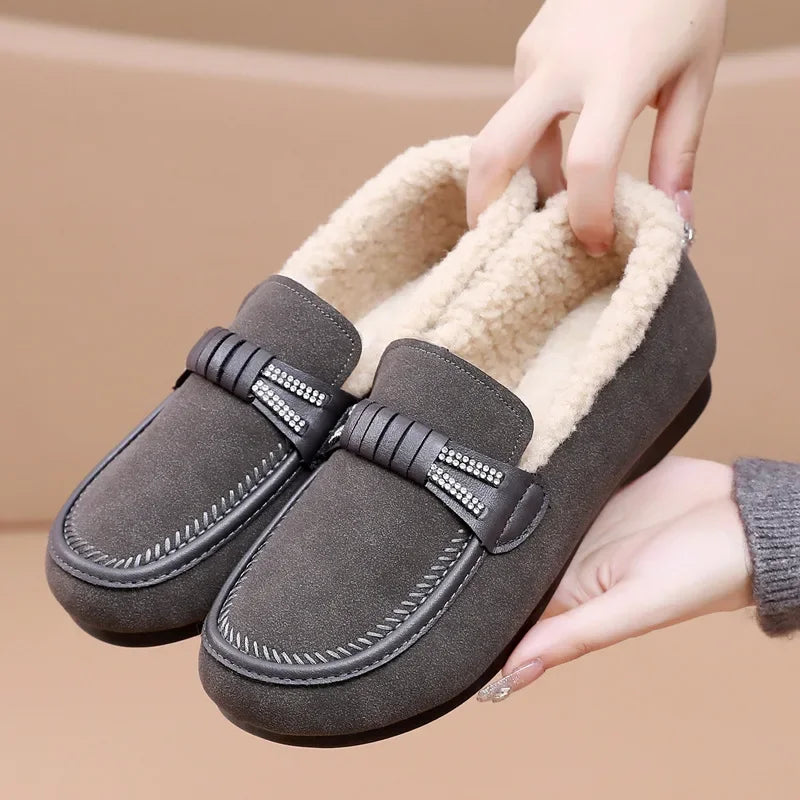 Retro Women's Slip on Flat Shoes White Women Soft Sole Non-slip Loafer Female Casual Plush Warm Cotton Shoes Zapatillas Mujer