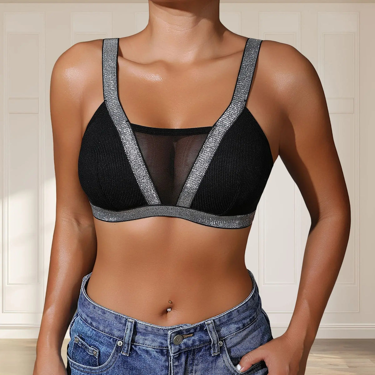 1pcs Fashion New Style Bras Silver Satin Women's Underwear Wire-Free Padless Bras Elegant Lady Bra Comfortable Sexy Lingerie