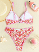 Rose Red Flower Print Bikini Set Women 2026 Summer New High Waist 2 Piece Swimsuit V-neck Bra Push Suspender Backless Swimwear