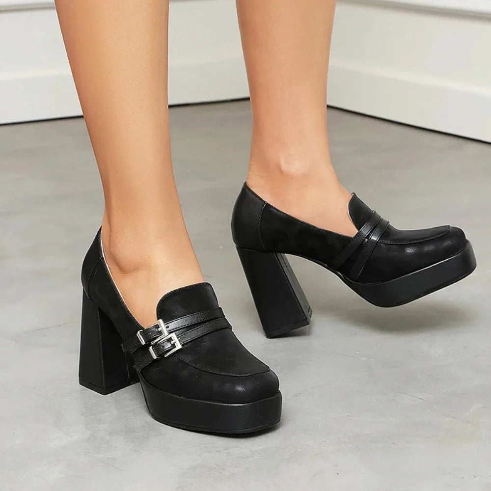 Square Toe Platform Double-Layer Buckle Shallow Sleeve Office Pumps Ultra-High Thick Heel Breathable High Heels