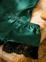 Women's Satin Camisole Shorts Set, Lace Trim Cami Top and Shorts, Silky Spring Summer Sleepwear Loungewear Pajama
