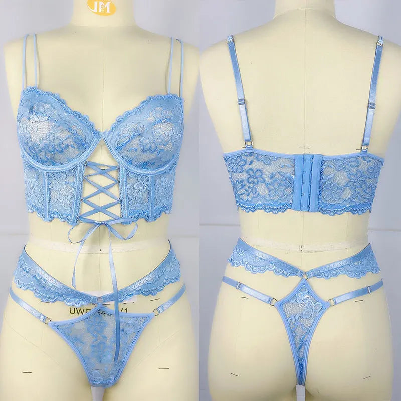 Women Intimates Sexy Bra & Panties Underwear Set Lace Splicing Perspective Sexy Lingerie Erotic 2-Piece Bra + Panty Set
