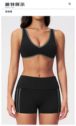 Tight Color Contrast Yoga Suit 2 Pieces Women V Neck Sports Bra Pleate High Waist Shorts Gym Running Fitness Suits Tracksuit